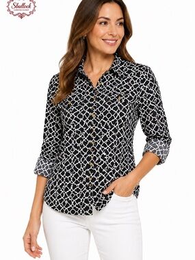 T5 Charter Club Petite Small 100% Linen Roll Tab Button-Down Shirt Black White